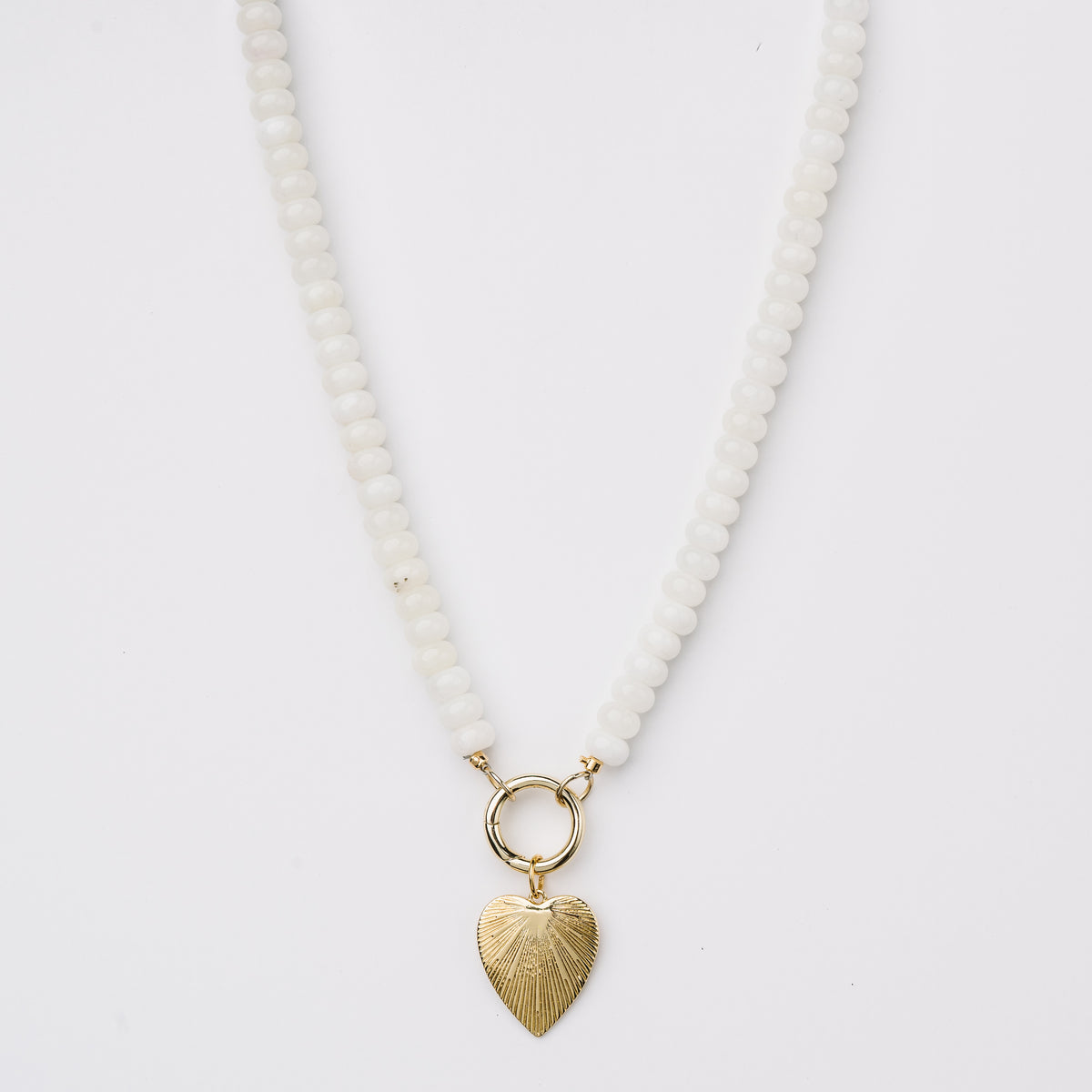 Ivory Jade Beads with Gold Heart Charm Necklace