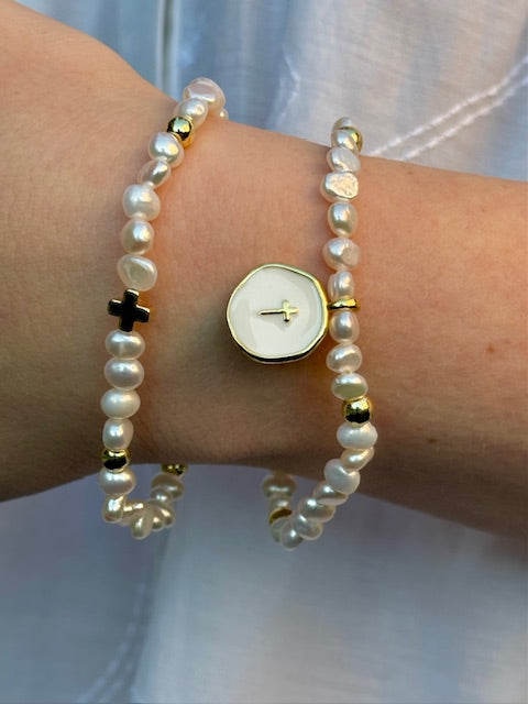 Pearl and Gold Cross Bracelet