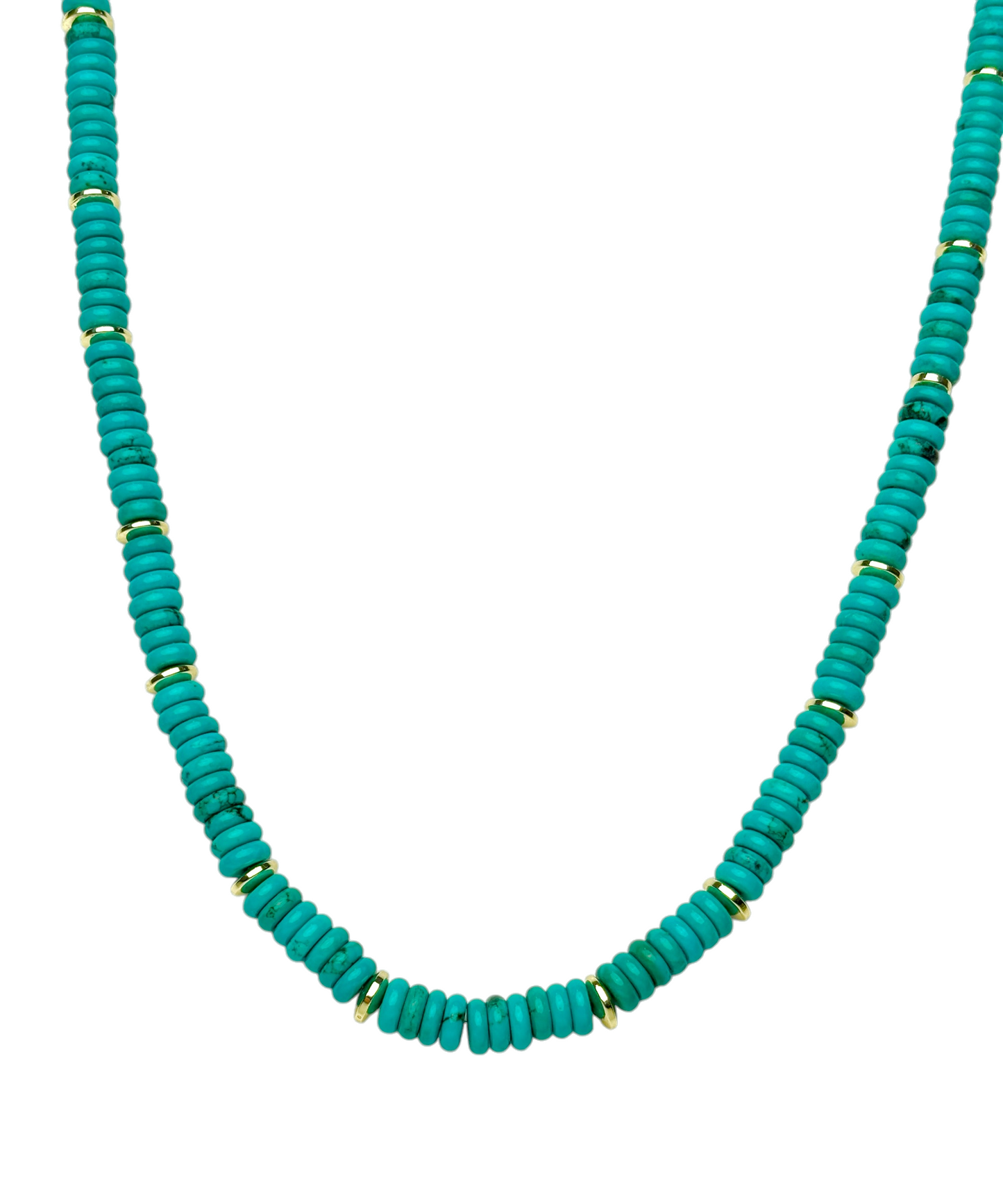 Blue green turquoise rondelle and gold bead necklace