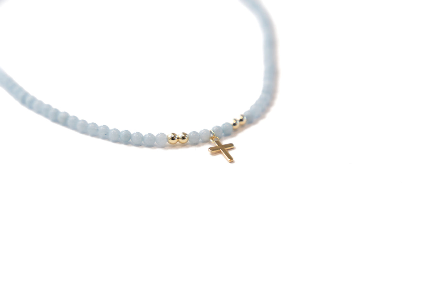 Blue Agate and Gold Bead Cross Necklace