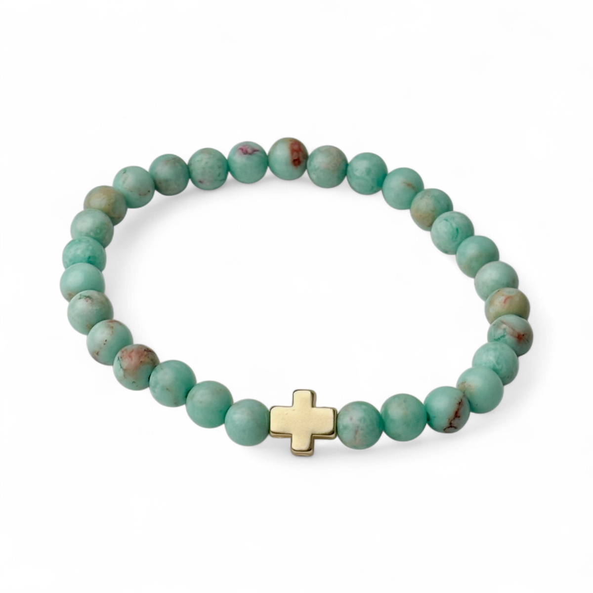 Mint Blue Jasper Bead and Gold Cross Bracelet