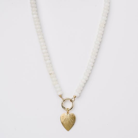 Ivory Jade Beads with Gold Heart Charm Necklace