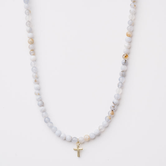 Blue Agate and Gold Cross Necklace