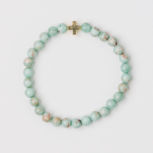 Mint Blue Jasper Bead and Gold Cross Bracelet