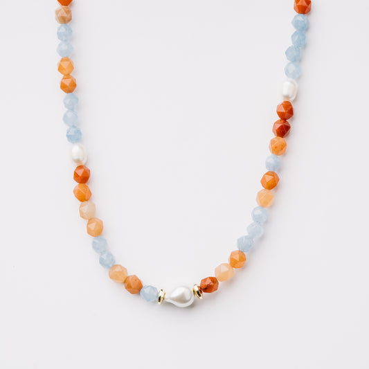 Coral and Aquamarine Adventurine and Pearl Necklace