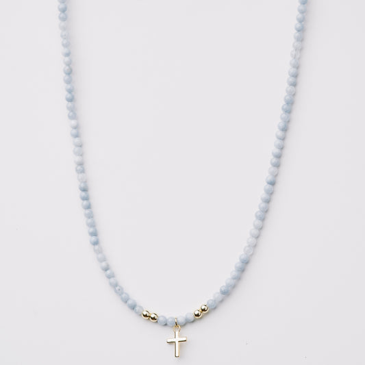 Blue Agate and Gold Bead Cross Necklace