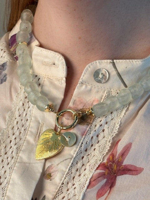 Aquamarine Recycled Glass Beads with Heart Charm