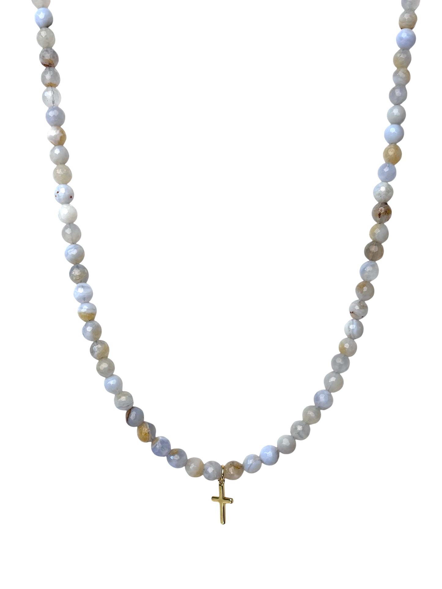 Blue Agate and Gold Cross Necklace