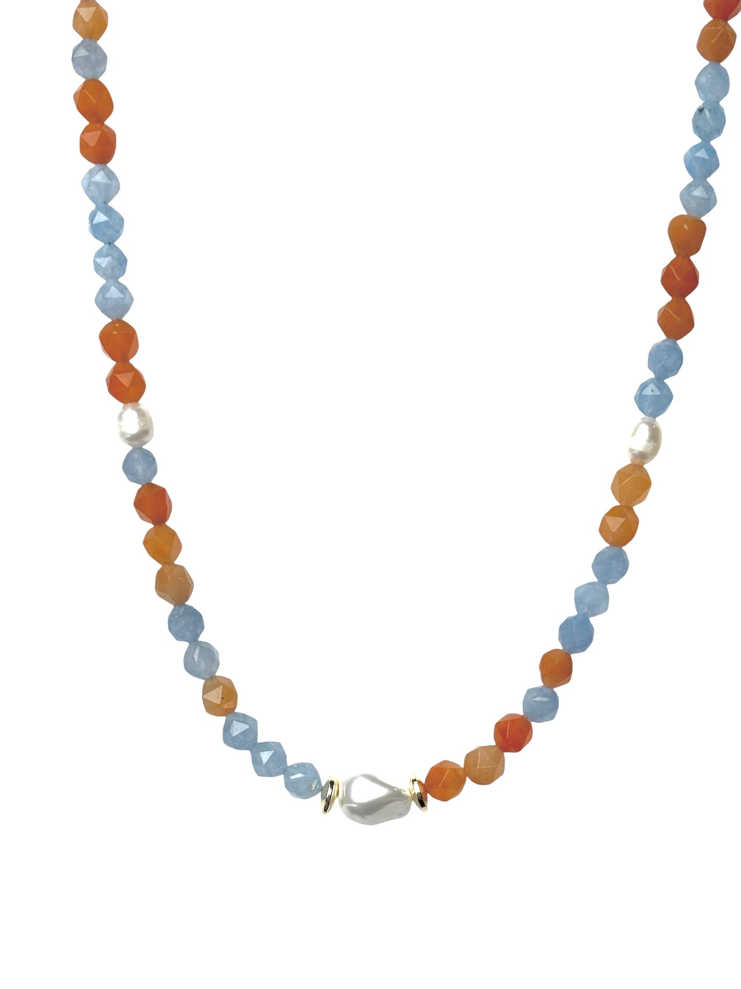 Coral and Aquamarine Adventurine and Pearl Necklace