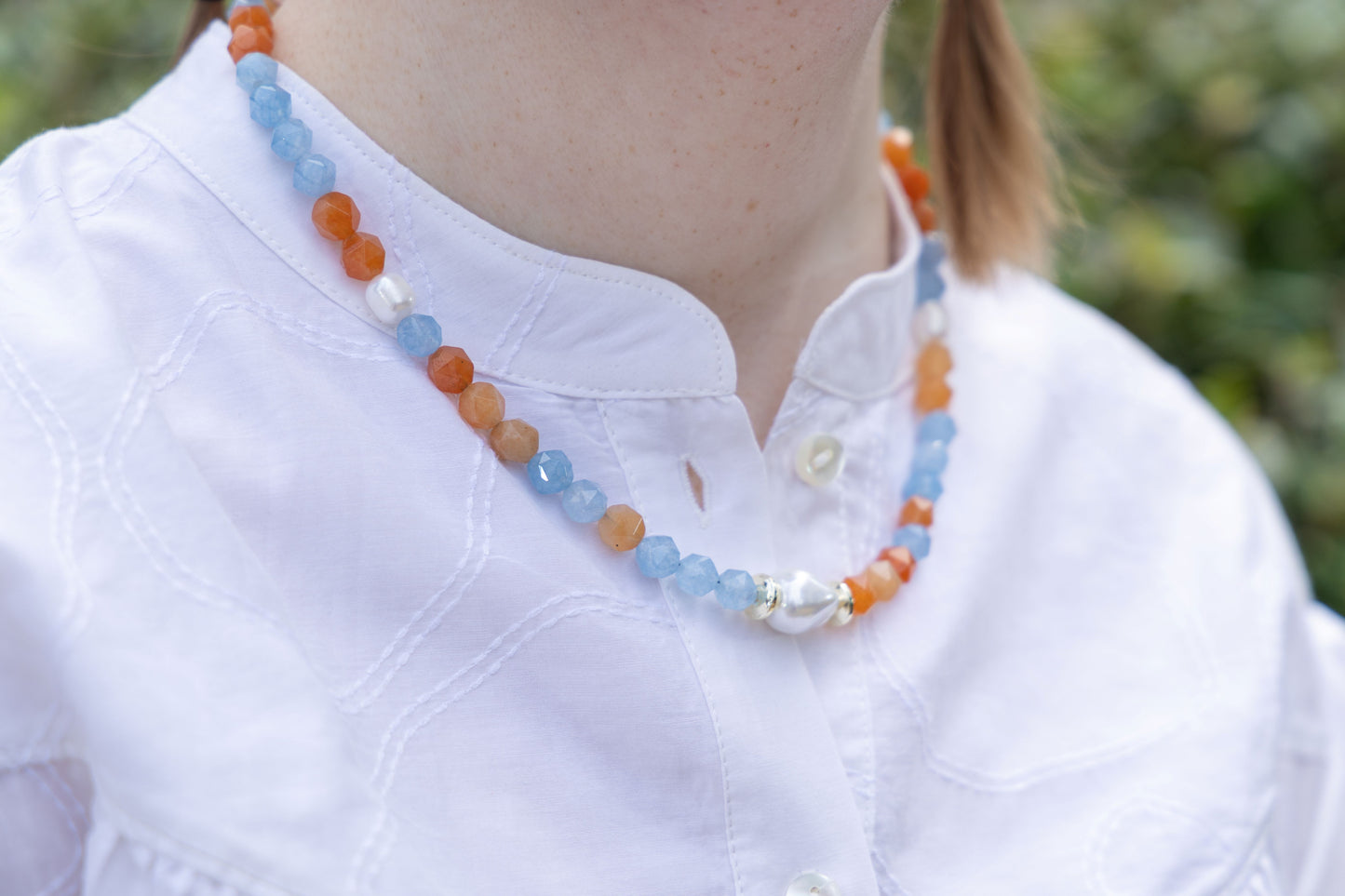 Coral and Aquamarine Adventurine and Pearl Necklace