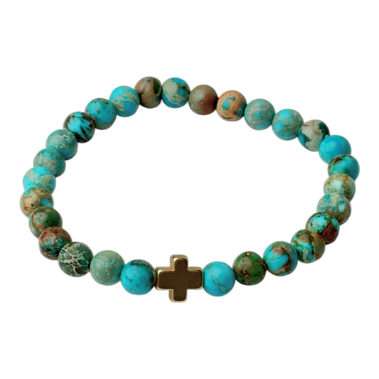Blue Jasper and Gold Cross Bracelet