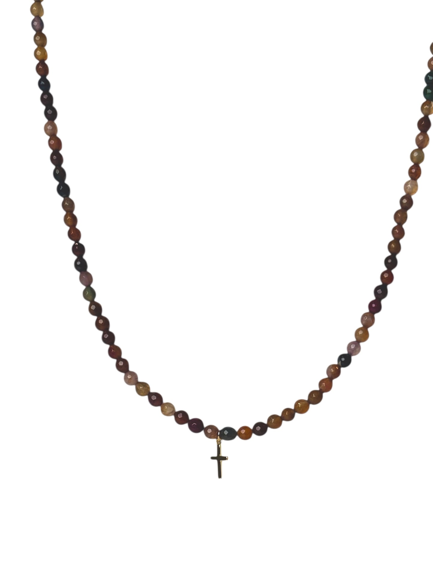 Mixed Brown Agate Cross Bead Necklace