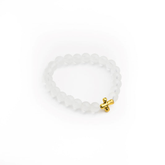 White Glass Bead Cross Bracelet - 8mm