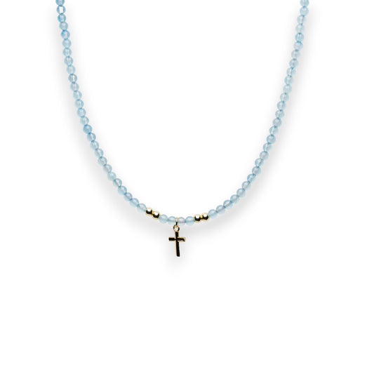 Blue Agate and Gold Bead Cross Necklace