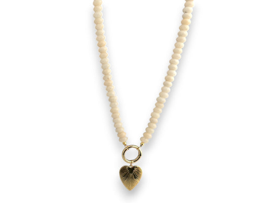 Ivory Jade Beads with Gold Heart Charm Necklace