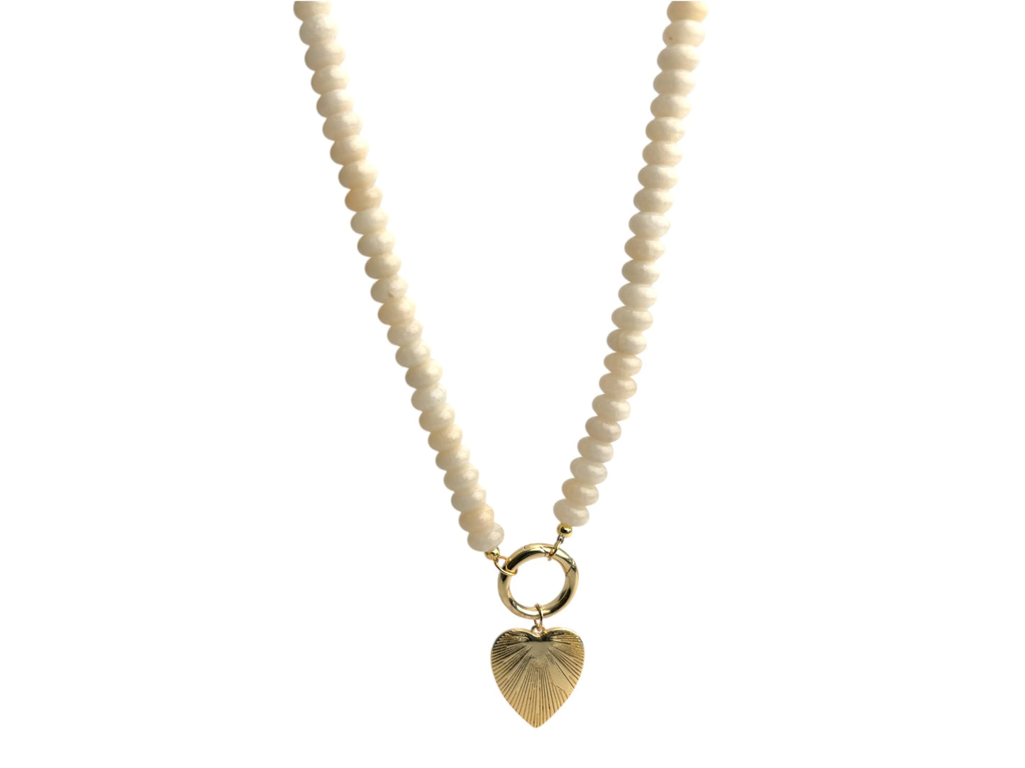 Ivory Jade Beads with Gold Heart Charm Necklace