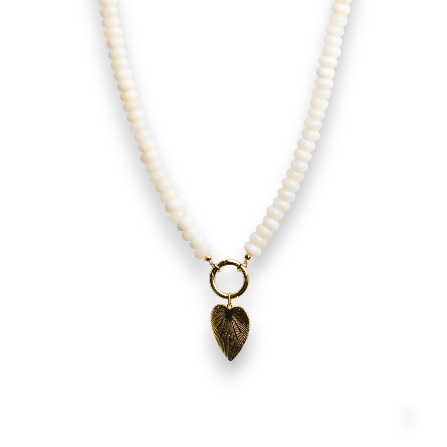 Ivory Jade Beads with Gold Heart Charm Necklace